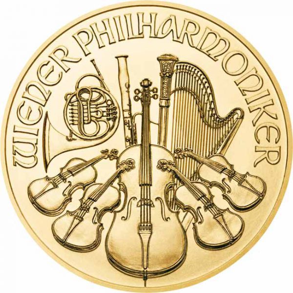 Zlatá minca Viedenskí filharmonici 1/10 oz - rôzne roky
