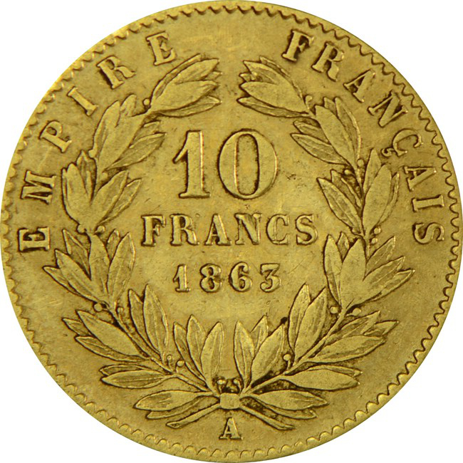 Zlatá minca 10 franků Napoléon III (s vavrínovým vencom) -rôzne roky, Francúzsko