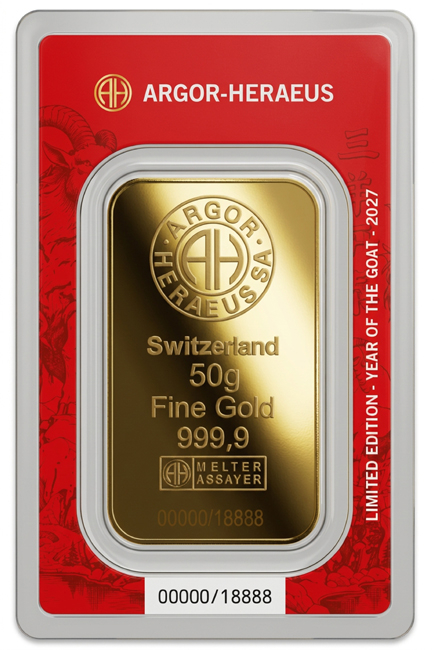 Zlatý zliatok Argor Heraeus - Rok kozy 2027, 50 g
