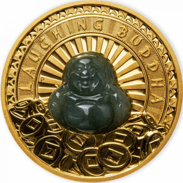 Smějící se Buddha, 1 oz zlata s nefritem