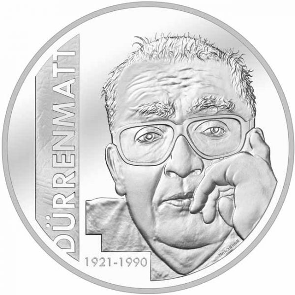 Friedrich Dürrenmatt  - švýcarský dramatik, stříbrná mince                  