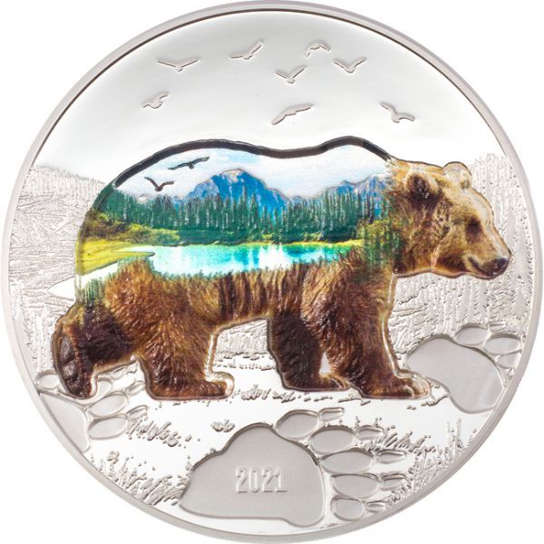 Strieborná minca : Do divočiny medveď , vysoký reliéf