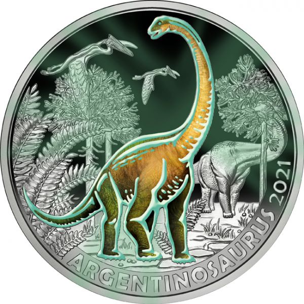 Stříbrná mince Argentinosaurus Huinculensis (?Argentinský ještěr?) 