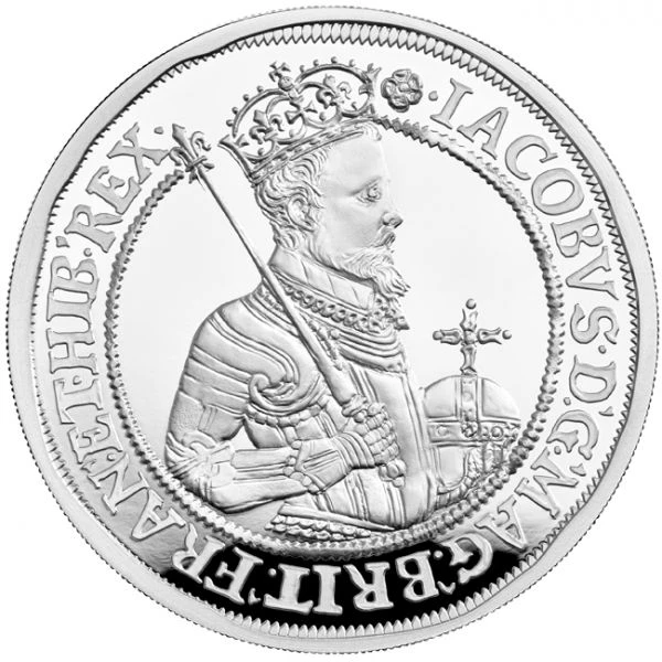King James I. Stříbrná 5 uncová mince
