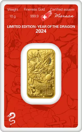 Zlatý zliatok Argor Heraeus 10 g - Rok draka 2024