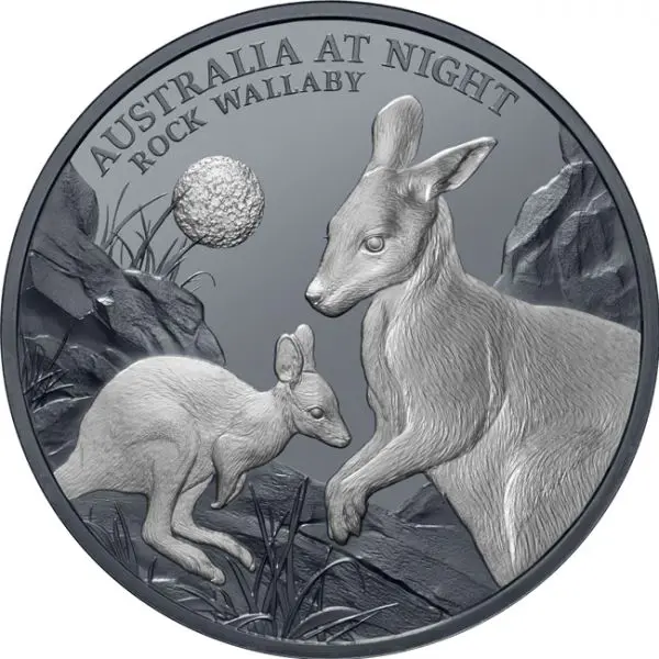 Austrálie v noci - klokan Rock Wallaby 2024. 1 oz stříbra 