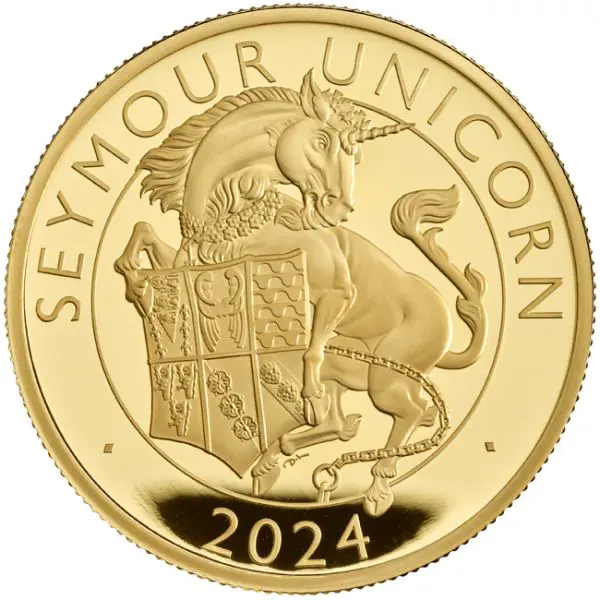Zlatá minca Tudorovské zvieratá - Seymour Unicorn 2024, 1 oz v etuji
