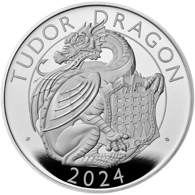 Royal Tudor Beast: Drak 2024, 1 oz stříbra v etuji