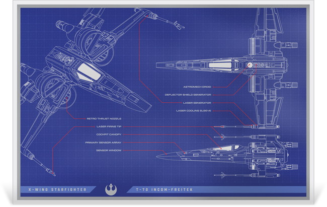 Star Wars: X-Wing T-70 - modrotisk, stříbrná obdélníková mince 2025