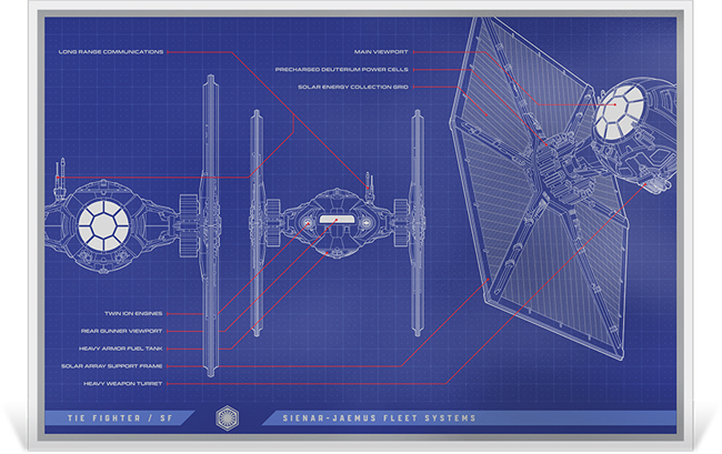 Star Wars: TIE Fighter - modrotisk, stříbrná obdélníková mince 2025, 1 oz