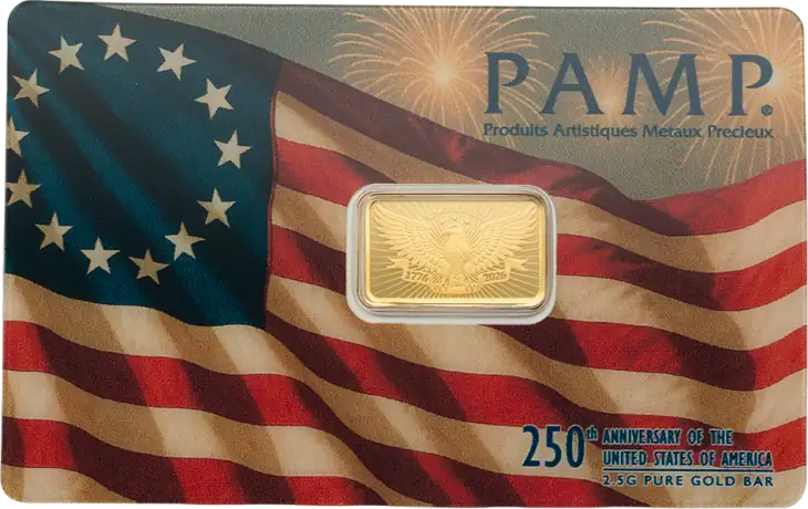 Zlatý zliatok PAMP - 250. výročí založení USA - retro styl, heraldický orel bělohlavý; 2,5 g