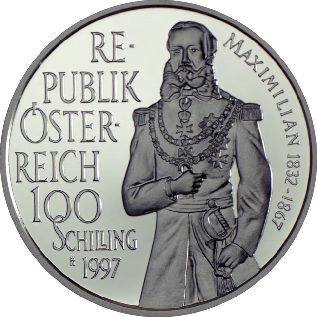 100 Šilinků Stříbrná mince Maxmilián I. Mexický PP