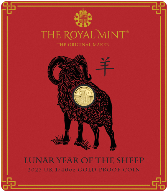 Lunární ovce 2027 - Velká Británie, zlatá mince v etuji, 1/40 oz