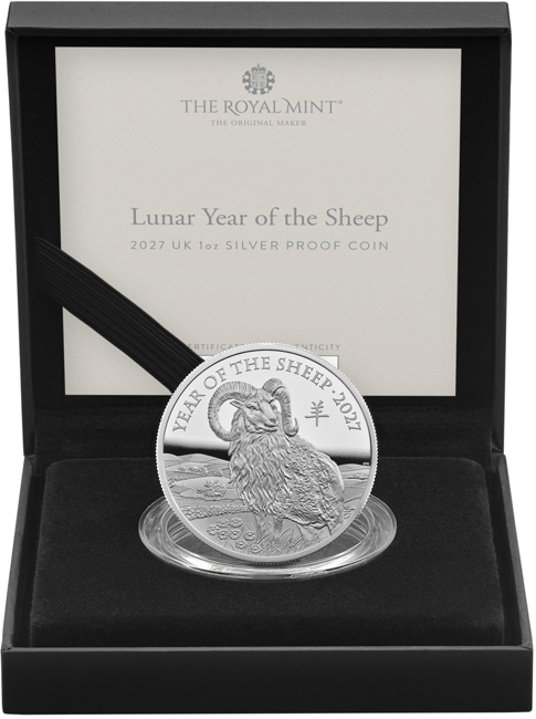 Lunární ovce 2027 - Velká Británie, stříbrná mince v etuji, 1 oz